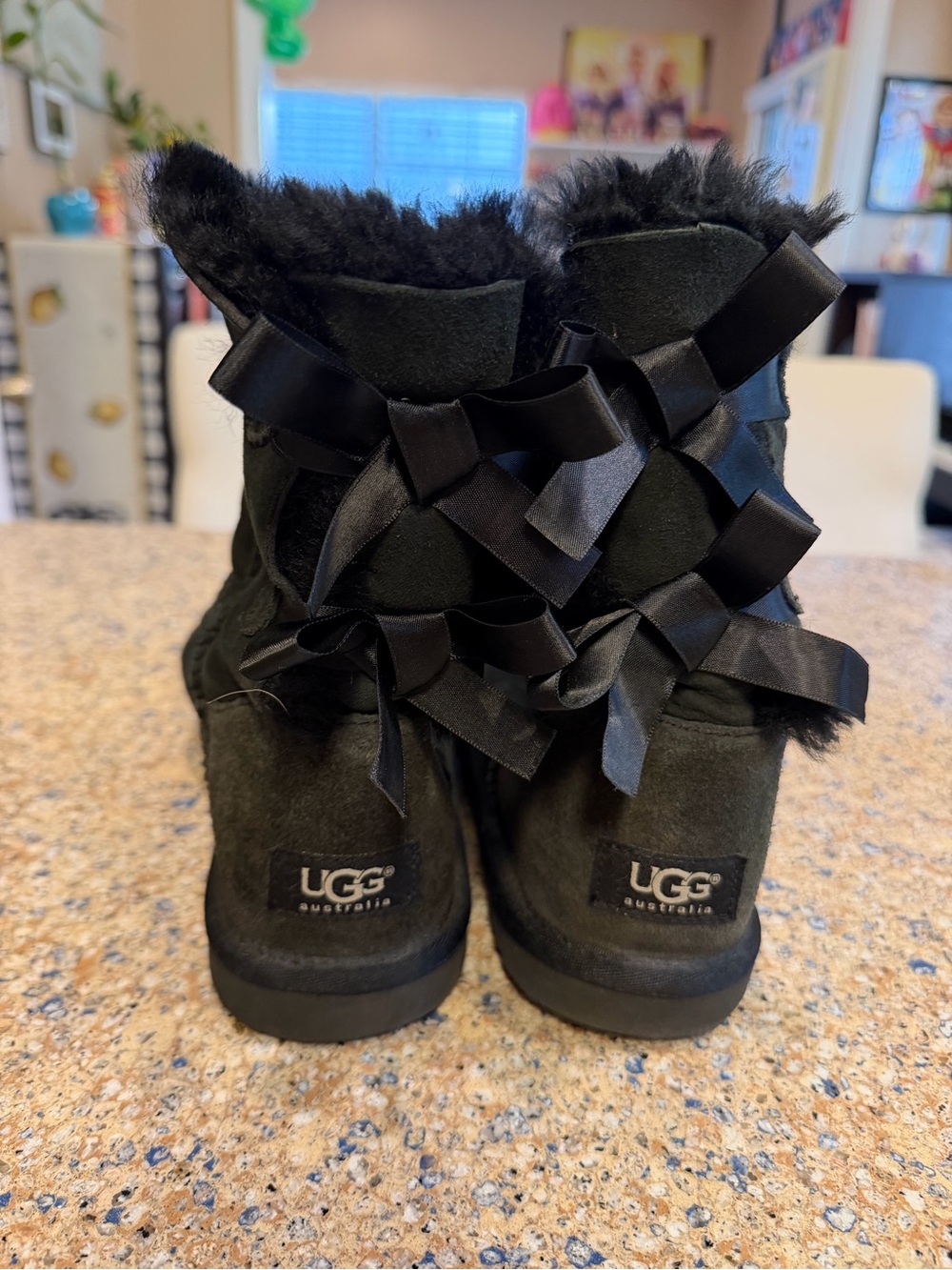 UGG Women’s Black Suede Shearling Boots with Satin Bow Detail Size 6